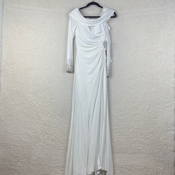NWOT Mac Duggal Womens White Jeweled Long Sleeve Drop Shoulder Gown Size 0 - Picture 2 of 16